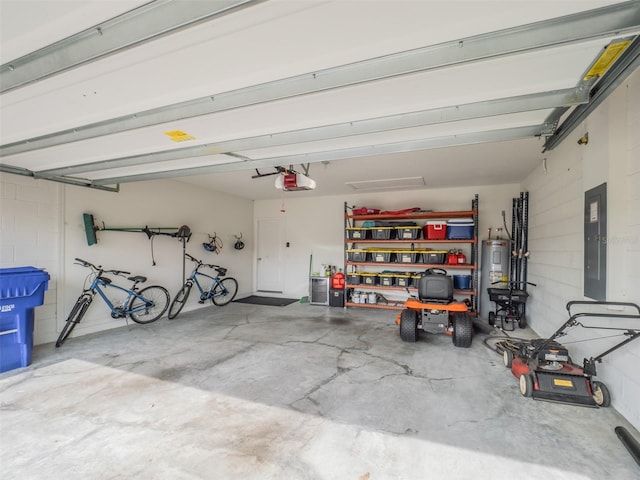 garage with a garage door opener, electric panel, and water heater