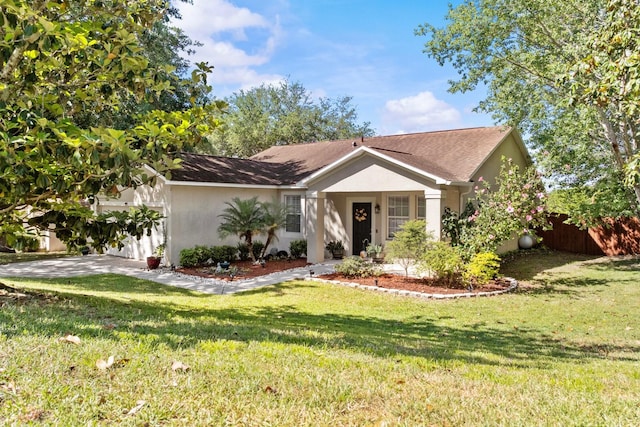 single story home with stucco siding, fence, and a front yard