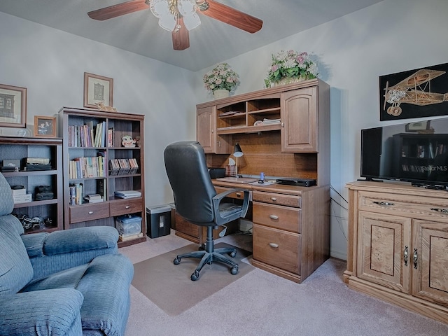 office featuring light colored carpet and ceiling fan