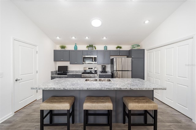 kitchen with vaulted ceiling, stainless steel appliances, a center island with sink, and gray cabinetry