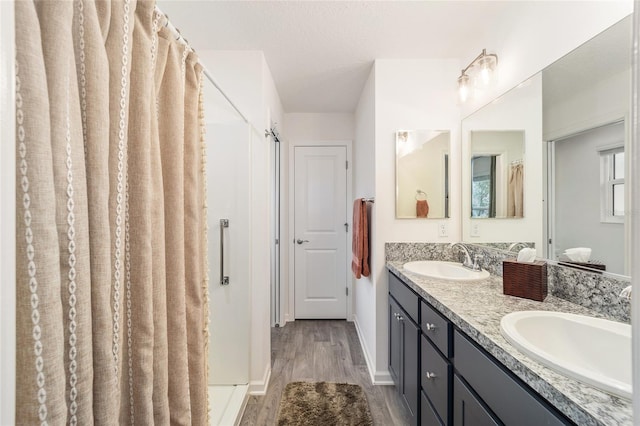 bathroom featuring double vanity, wood finished floors, a sink, and baseboards