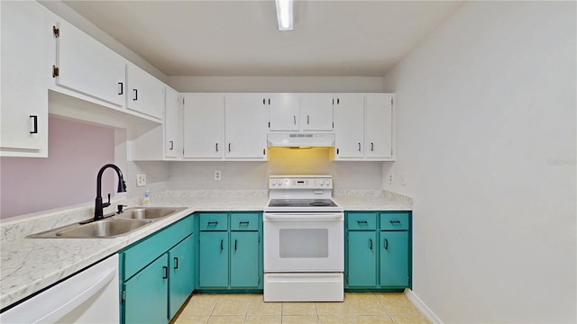 kitchen featuring under cabinet range hood, white appliances, a sink, white cabinetry, and light countertops