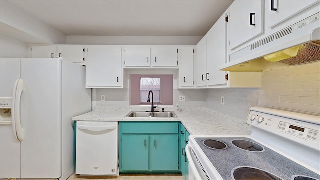 kitchen featuring light countertops, white cabinetry, a sink, white appliances, and under cabinet range hood