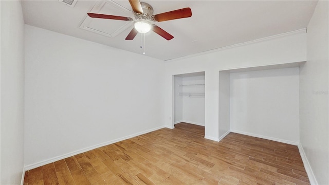 unfurnished bedroom with light wood-style floors, a closet, ceiling fan, and baseboards