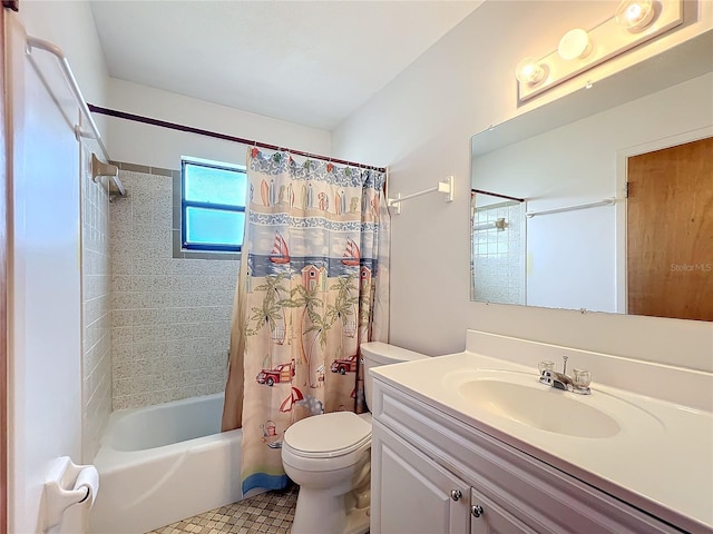full bathroom with vanity, shower / tub combo with curtain, and toilet