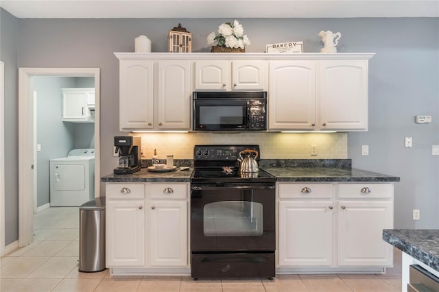 kitchen with tasteful backsplash, white cabinetry, light tile patterned floors, and black appliances