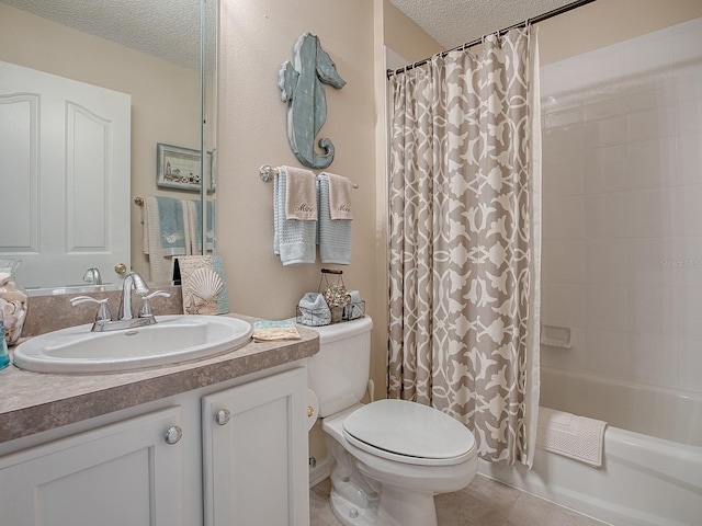 full bath with a textured ceiling, tile patterned flooring, toilet, vanity, and shower / bath combination with curtain