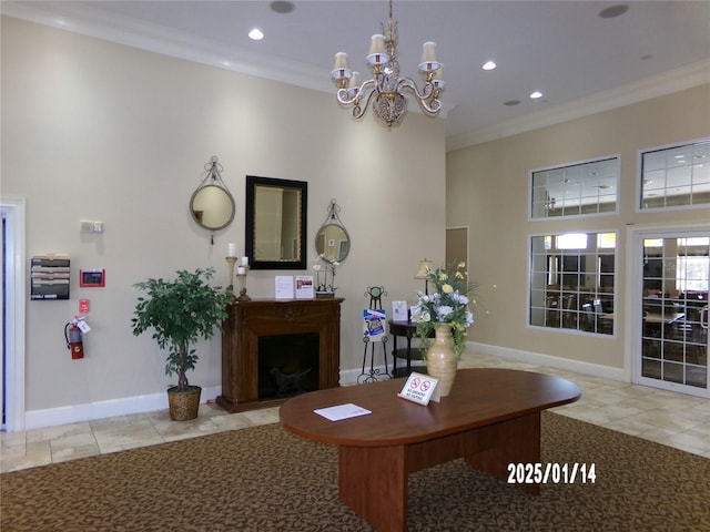 tiled living room with an inviting chandelier and ornamental molding