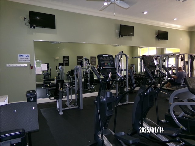 exercise room with ornamental molding and ceiling fan