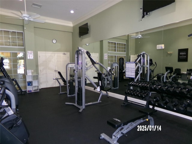 gym featuring ornamental molding and ceiling fan