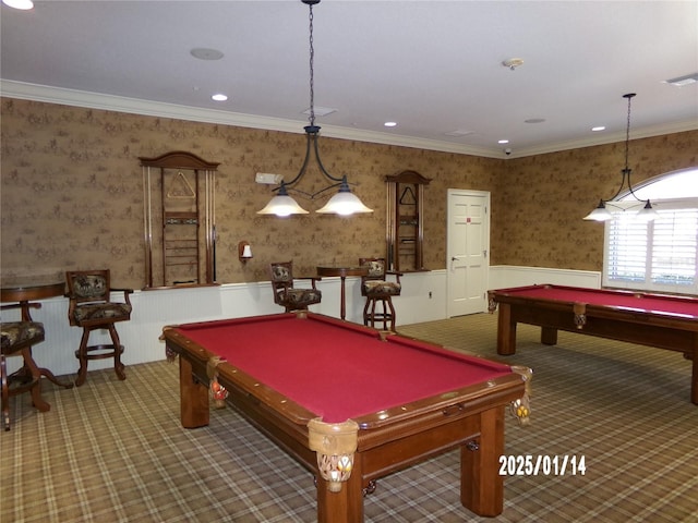 recreation room with ornamental molding, pool table, and carpet flooring