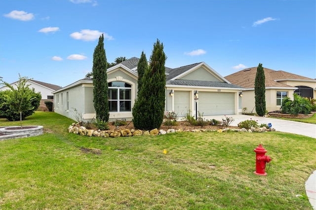 single story home featuring a garage, concrete driveway, a front yard, and stucco siding