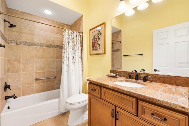 full bathroom with toilet, vanity, shower / tub combo with curtain, and tile patterned floors