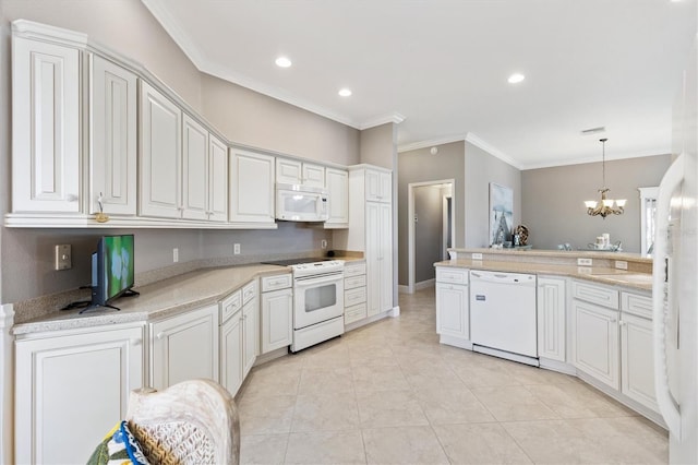 kitchen with white cabinetry, crown molding, a notable chandelier, white appliances, and light tile patterned flooring