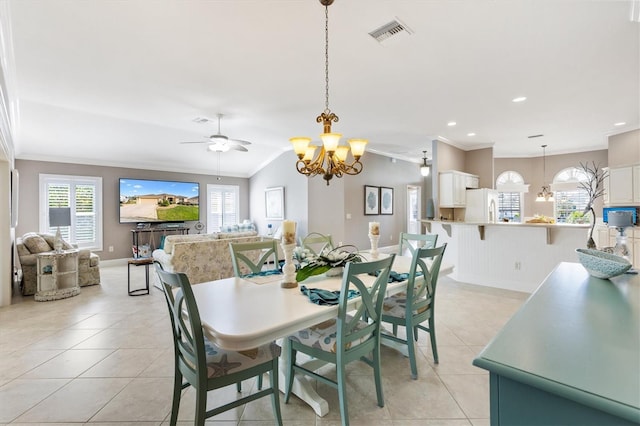 dining area featuring crown molding, visible vents, recessed lighting, and light tile patterned flooring