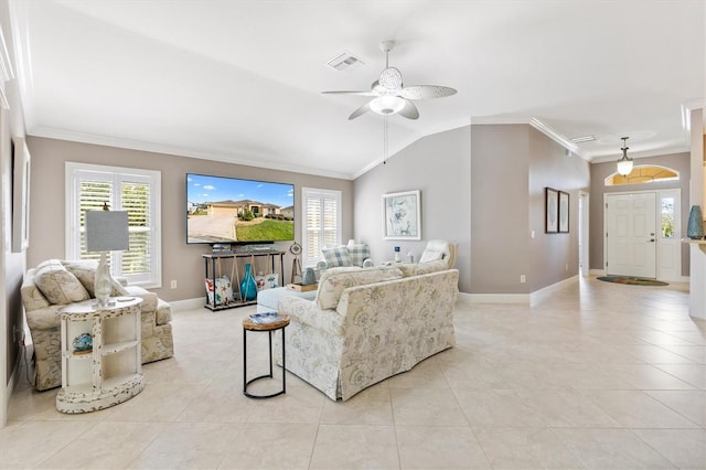 living area with ornamental molding, visible vents, lofted ceiling, and a healthy amount of sunlight