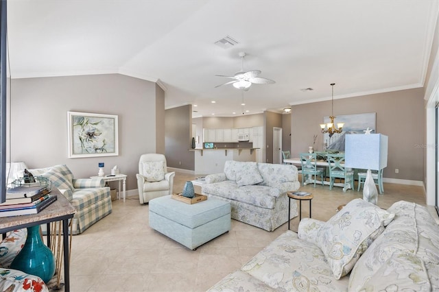 living room featuring crown molding, visible vents, baseboards, ceiling fan with notable chandelier, and lofted ceiling