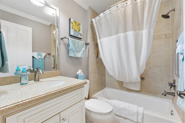 full bath with vanity, shower / tub combo with curtain, toilet, and ornamental molding