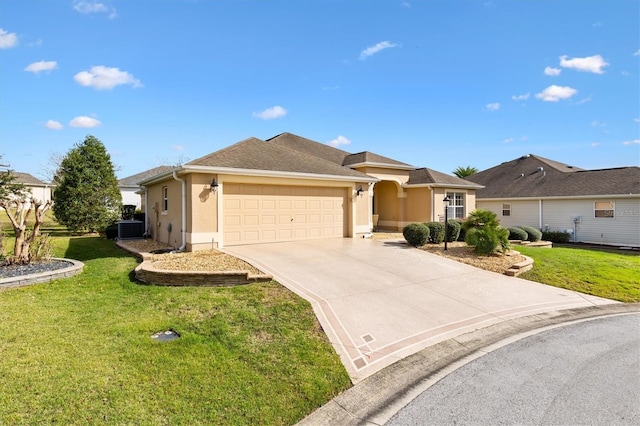 single story home with cooling unit, a front yard, driveway, stucco siding, and an attached garage