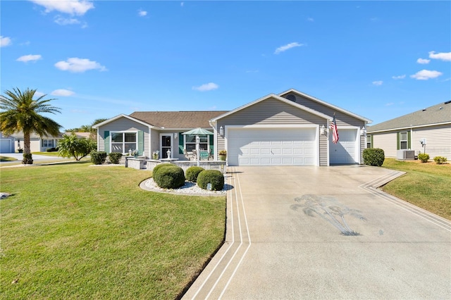 single story home with a garage, central AC, a front lawn, and driveway