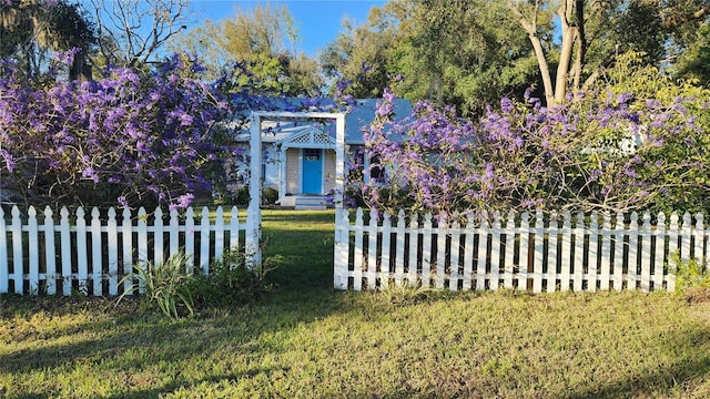 view of front of home featuring a front lawn and a fenced front yard