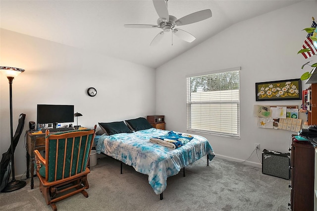 bedroom featuring vaulted ceiling, ceiling fan, and light colored carpet