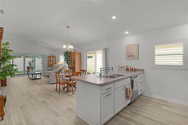 kitchen featuring dishwasher, open floor plan, a healthy amount of sunlight, white cabinetry, and a sink