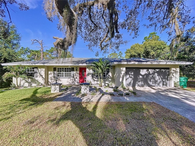 single story home with a garage and a front yard