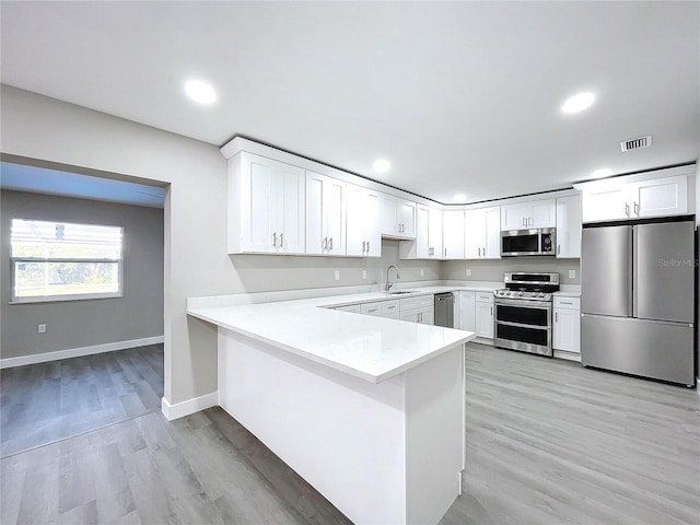 kitchen with sink, appliances with stainless steel finishes, light hardwood / wood-style floors, white cabinets, and kitchen peninsula