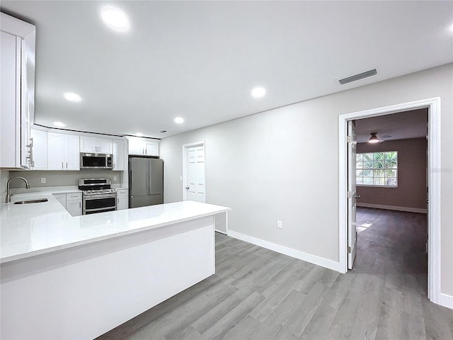 kitchen featuring sink, white cabinetry, light hardwood / wood-style flooring, kitchen peninsula, and stainless steel appliances