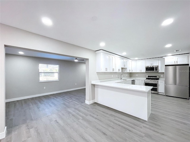 kitchen with white cabinetry, sink, kitchen peninsula, and appliances with stainless steel finishes