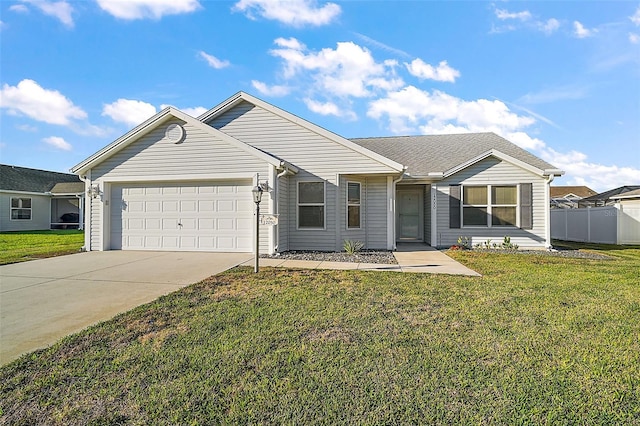 single story home with a garage, a front yard, concrete driveway, and fence