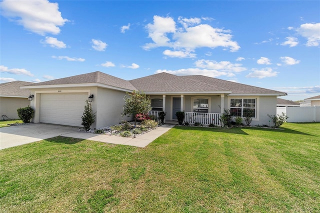 4000 SE 98th Pl, Belleview, FL 34420 - ranch-style house with a front yard, an attached garage, covered porch, stucco siding, and concrete driveway