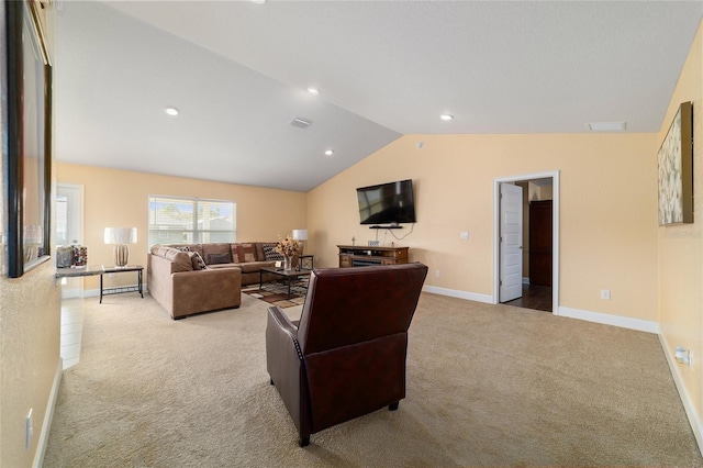 4000 SE 98th Pl, Belleview, FL 34420 - carpeted living area with vaulted ceiling, recessed lighting, baseboards, and visible vents