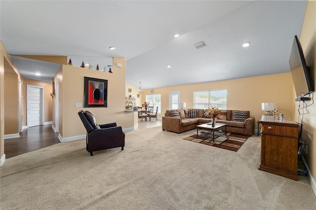 4000 SE 98th Pl, Belleview, FL 34420 - living area featuring visible vents, recessed lighting, carpet, baseboards, and vaulted ceiling