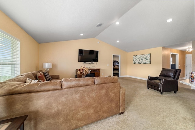 4000 SE 98th Pl, Belleview, FL 34420 - living area featuring visible vents, baseboards, vaulted ceiling, light carpet, and recessed lighting
