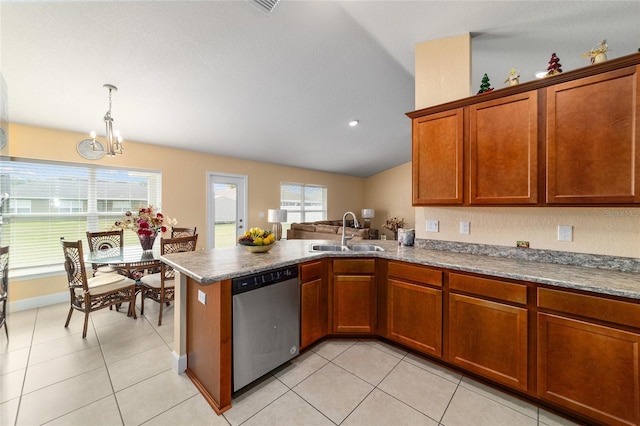 4000 SE 98th Pl, Belleview, FL 34420 - kitchen featuring light tile patterned flooring, a sink, a peninsula, and stainless steel dishwasher