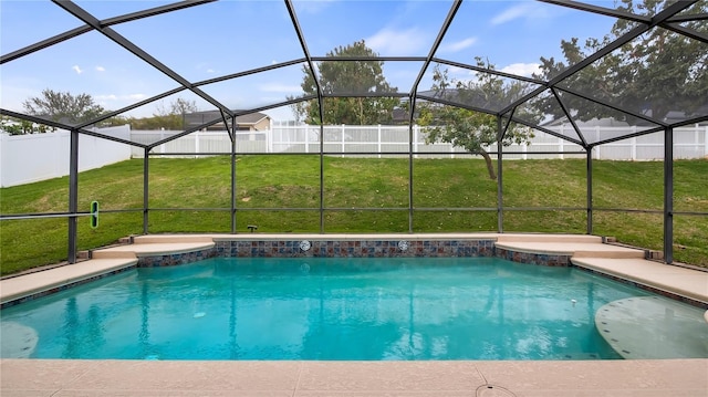 view of pool with a fenced in pool, glass enclosure, and a lawn