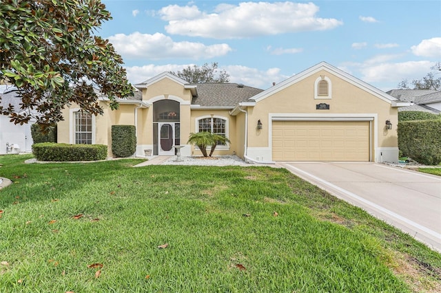 5135 Aurora Dr, Leesburg, FL 34748 - single story home with a shingled roof, concrete driveway, stucco siding, an attached garage, and a front yard