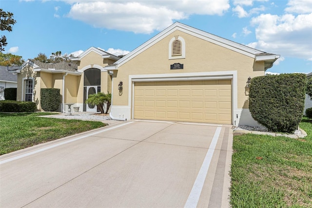 5135 Aurora Dr, Leesburg, FL 34748 - ranch-style house featuring driveway, an attached garage, a front yard, and stucco siding