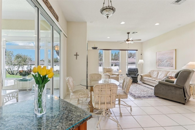 5135 Aurora Dr, Leesburg, FL 34748 - dining room featuring recessed lighting, visible vents, ceiling fan, and light tile patterned flooring
