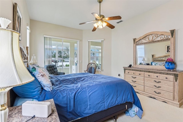 5135 Aurora Dr, Leesburg, FL 34748 - bedroom with carpet floors, access to outside, visible vents, and ceiling fan