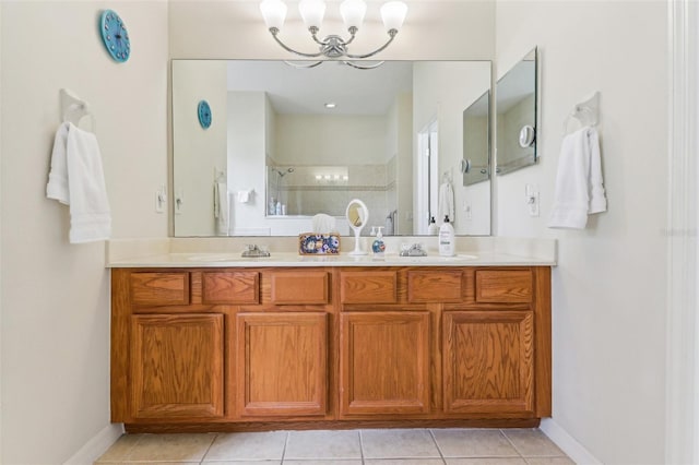 5135 Aurora Dr, Leesburg, FL 34748 - full bathroom with double vanity, a sink, tiled shower, baseboards, and tile patterned floors