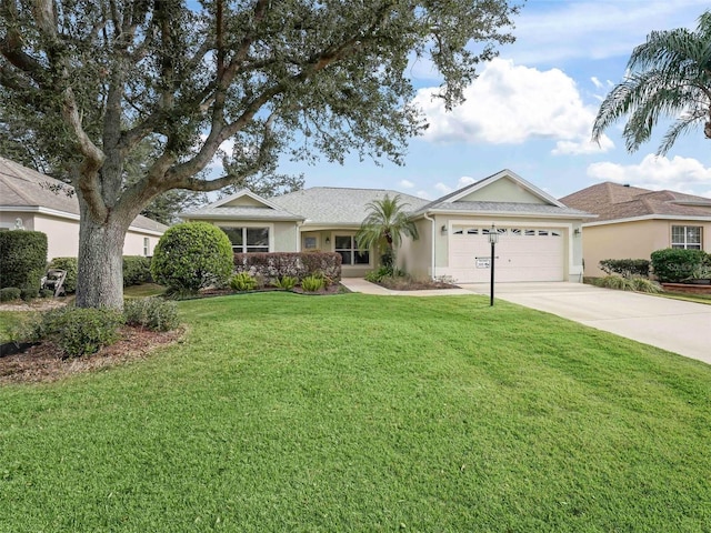 ranch-style house featuring driveway, a front lawn, an attached garage, and stucco siding