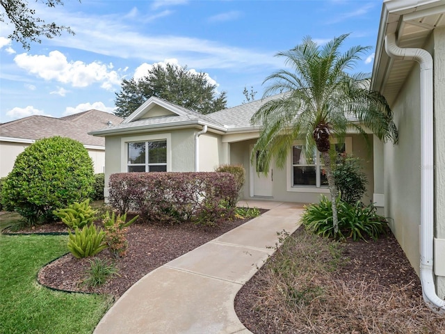 property entrance featuring a shingled roof and stucco siding