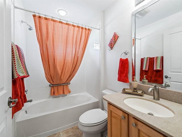 bathroom featuring shower / tub combo, visible vents, vanity, and toilet