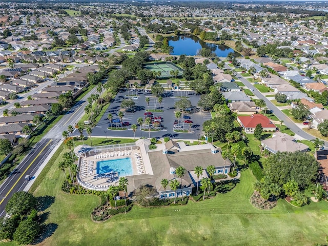 aerial view with a water view and a residential view