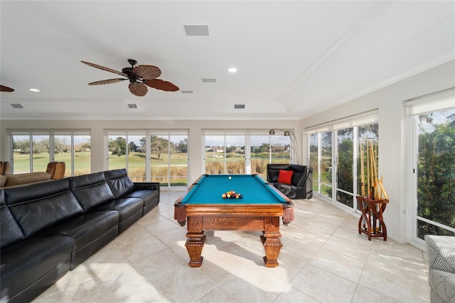 playroom with a ceiling fan, pool table, and ornamental molding
