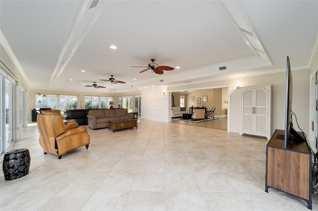 living area featuring recessed lighting, a raised ceiling, visible vents, and ornamental molding