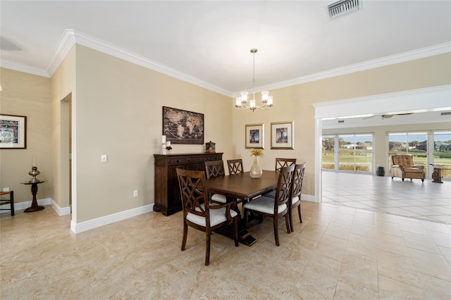dining room featuring visible vents, crown molding, baseboards, and light tile patterned floors